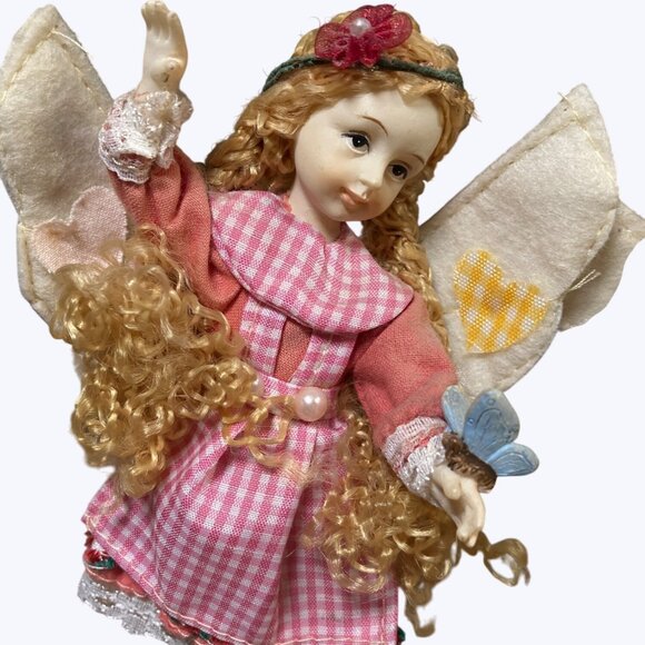 Decorative Angel Fairy Figurines Set With Gingham & Plaid Dresses Felt Wings - Picture 4 of 13